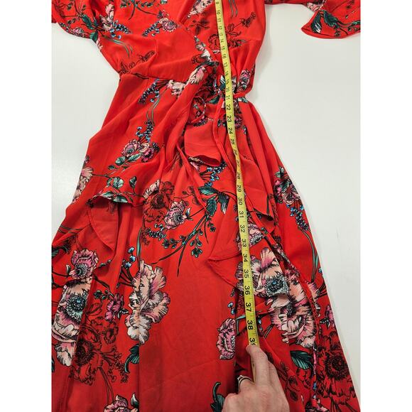 The haute project Medium boho peasant floral high low wrap dress coral red EUC - Picture 11 of 11